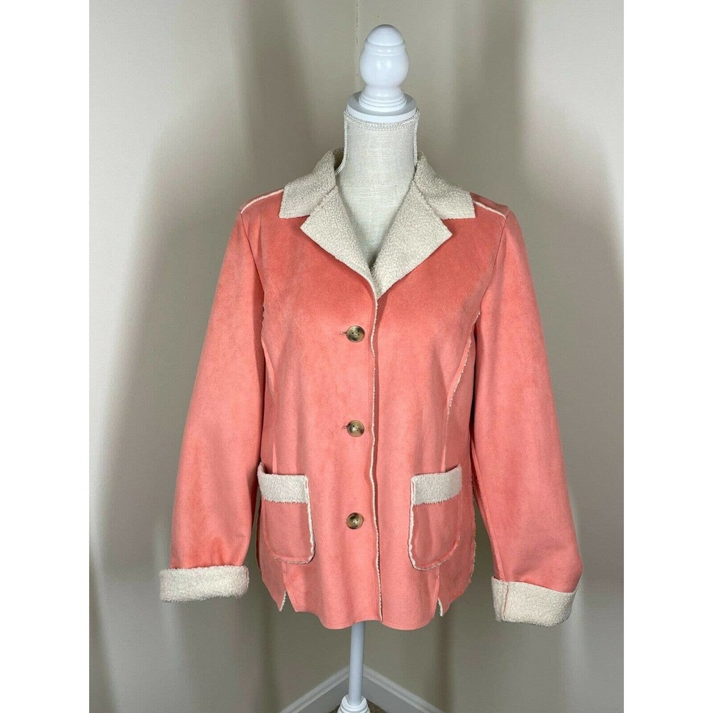J Jill Peach Pink Fleece Jacket Button Long Sleeve Pocket Size M